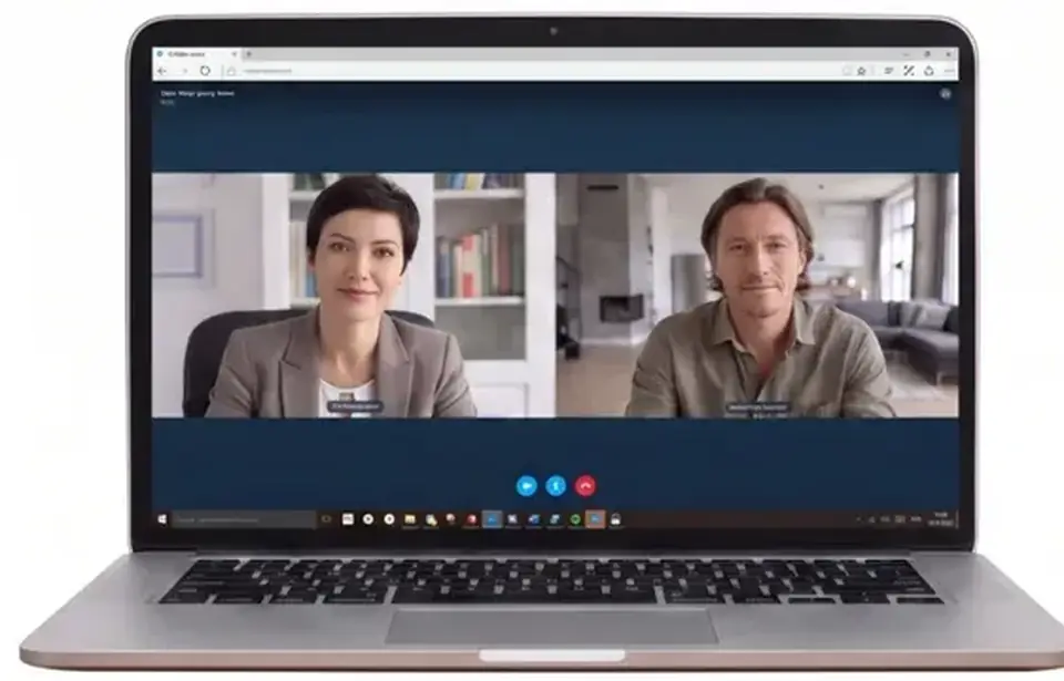 Laptop con una videochiamata su un tavolo di cucina, illuminato da una lampada calda