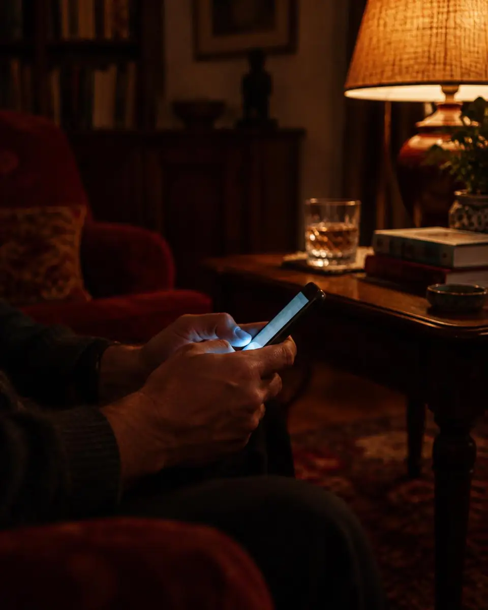 Un uomo sul divano con il telefono acceso, in un salotto notturno