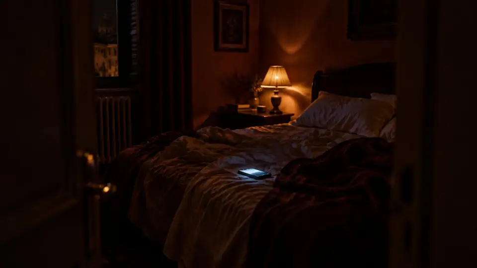 un letto sfatto di notte visto dalla porta, il telefono acceso sulle lenzuola, una lampada calda nell'angolo